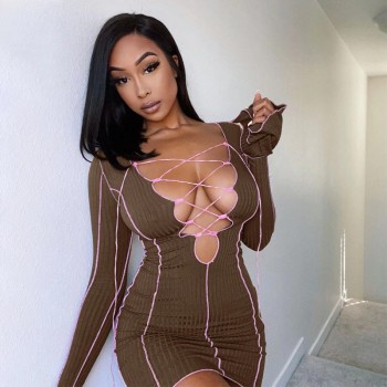 Simenual Lace Up Deep V Neck Ribbed Long Sleeve Bodycon Dresses Women Patchwork Hot Club Partywear Sexy Fashion Mini Dress Fall
